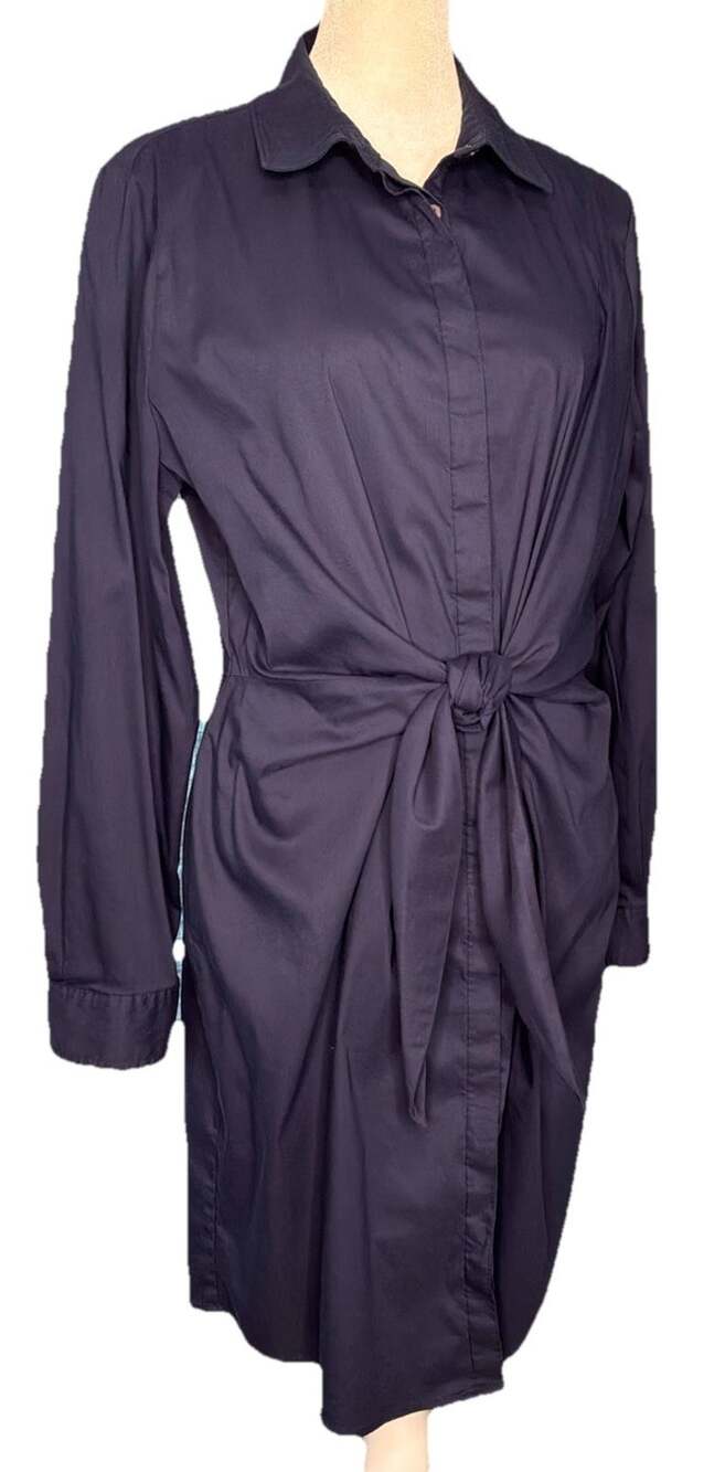 UNTUCKit Lisa Shirt Dress Cotton Blend Navy Tie Waist Long Sleeve Size 12